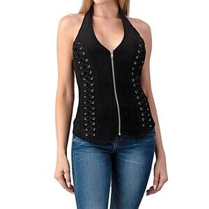 NEW LYDIA ozark zipped up faux suede halter top in black